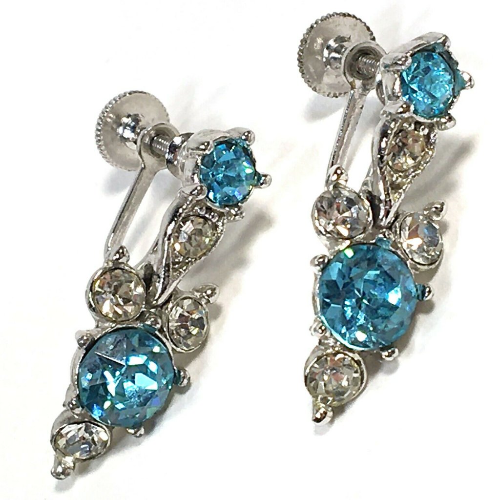 Signed Bogoff Aquamarine,Clear Rhinestone Earring